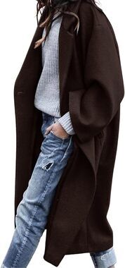 Women's Oversized Notched Collar Wool Blend Midi Long Trench Coat Coffee (XL)